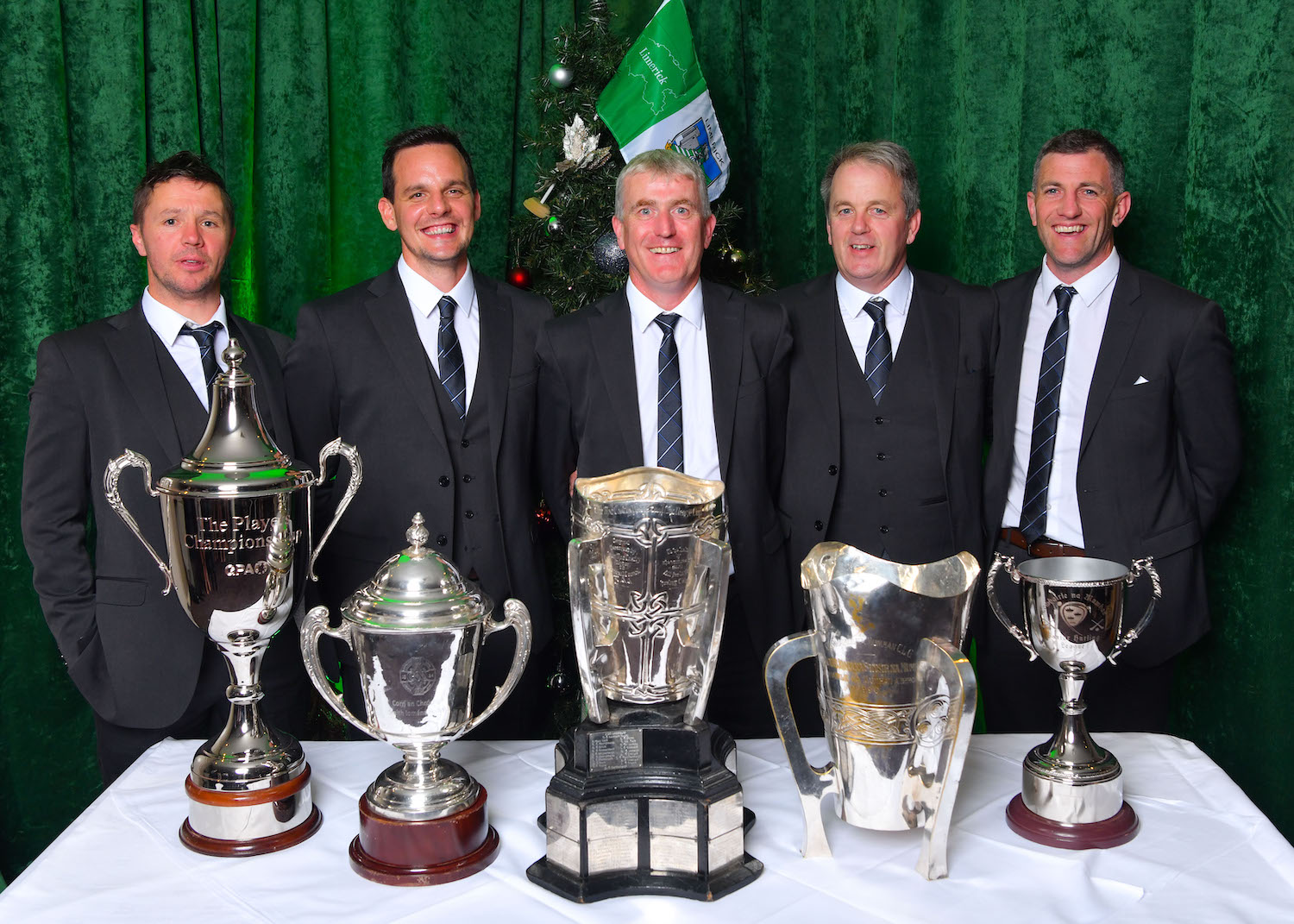 Limerick hurling champions receive medals - Aonghus O'Brien, Paul Kinnerk, John Kiely, Alan Cunningham and Donal O’Grady in attendance at the Limerick GAA gala medal ceremony at the Strand Hotel, Limerick to honour their All-Ireland senior hurling title winners from 2019, 2020 and 2021. Picture: Diarmuid Greene.