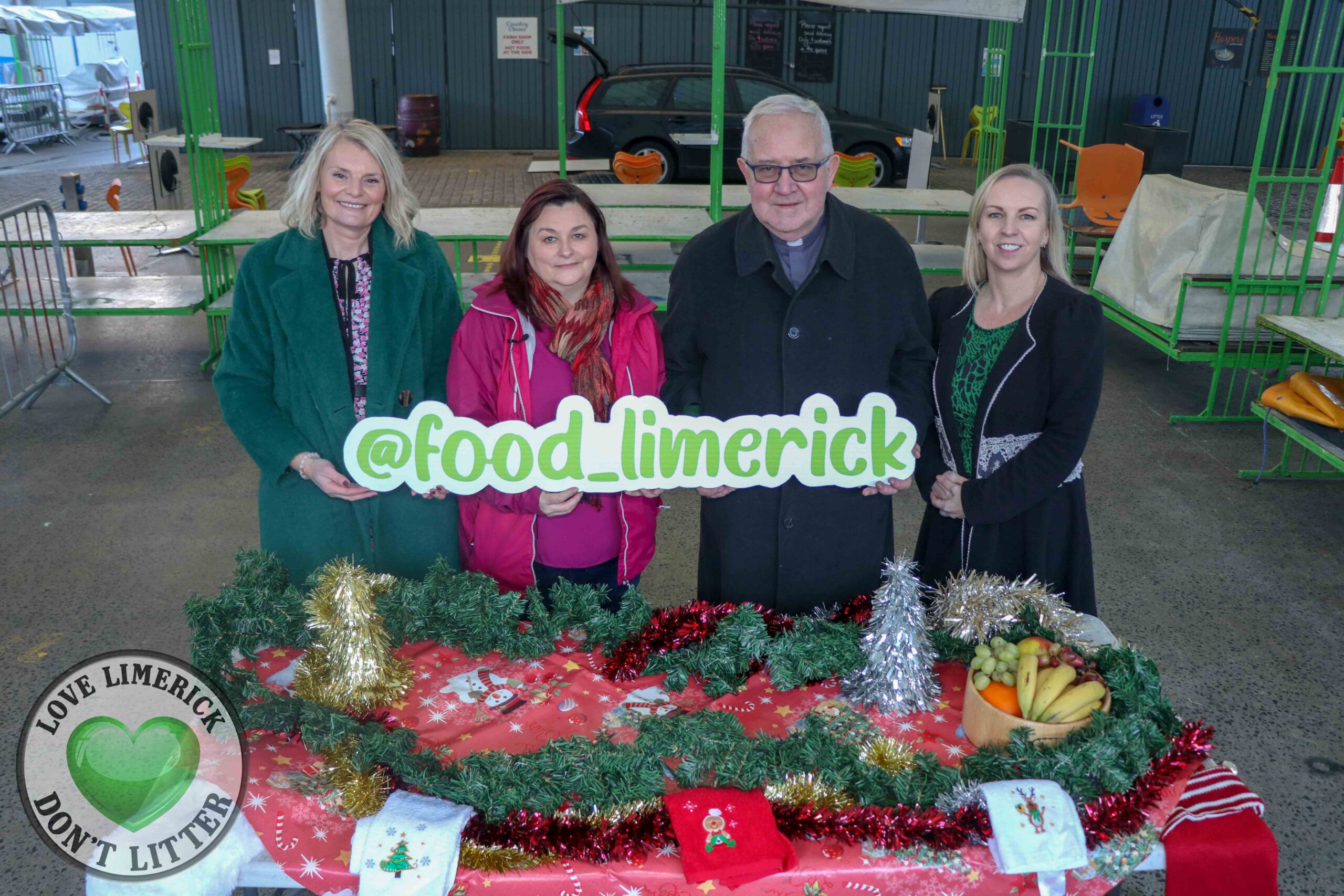 Redemptorist Christmas Hamper Appeal 2021 - Pictured at the Limerick Milk Market are Olivia O'Brien, LFP Coordinator, Fr Seamus Enright, Co Chair of LFP and Redemptorists, Eileen Hoffler, Redemptorists and Roisin Ross, Healthy Limerick. Picture: Richard Lynch/ilovelimerick