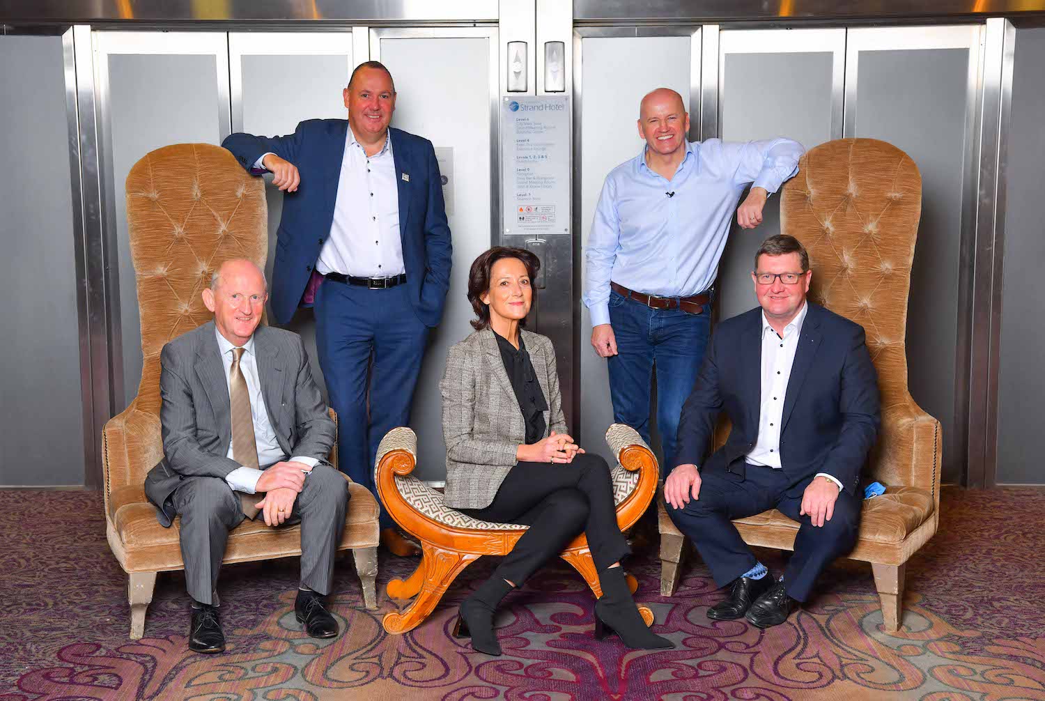 Reignite Limerick Breakfast Seminar - Pictured at the Strand Hotel are speakers, front row, Blaise Brosnan, Management Development Institute, Vicki O'Toole, Managing Director, JJ O'Toole Ltd, and Mike Cantwell, Head of Innovate Limerick and Local Enterprise Office Limerick, back row, Paul Whitnell, president and founder of BITA, and former Dragon’s Den investor Sean Gallagher. Picture: Diarmuid Greene