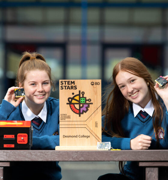 STEM Stars competition 2022 - Pictured are BD Stemstar Winners 2021, Aoife Lee and Emma Brennan, Desmond College, Newcastlewest Co. Limerick with their winning project from the BD Stemstar Winners 2021, Exercise is Key. Picture: Alan Place