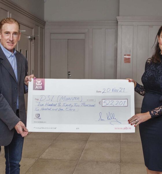 Tour de Munster cycle 2021 - Champion cyclist Sean Kelly pictured with Ellen Tuffy, Chairperson of Down Syndrome Limerick, at the official cheque presentation of the 21st annual Tour de Munster charity cycle. Picture: Diane Cusack