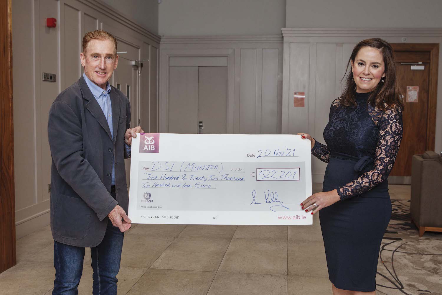 Tour de Munster cycle 2021 - Champion cyclist Sean Kelly pictured with Ellen Tuffy, Chairperson of Down Syndrome Limerick, at the official cheque presentation of the 21st annual Tour de Munster charity cycle. Picture: Diane Cusack