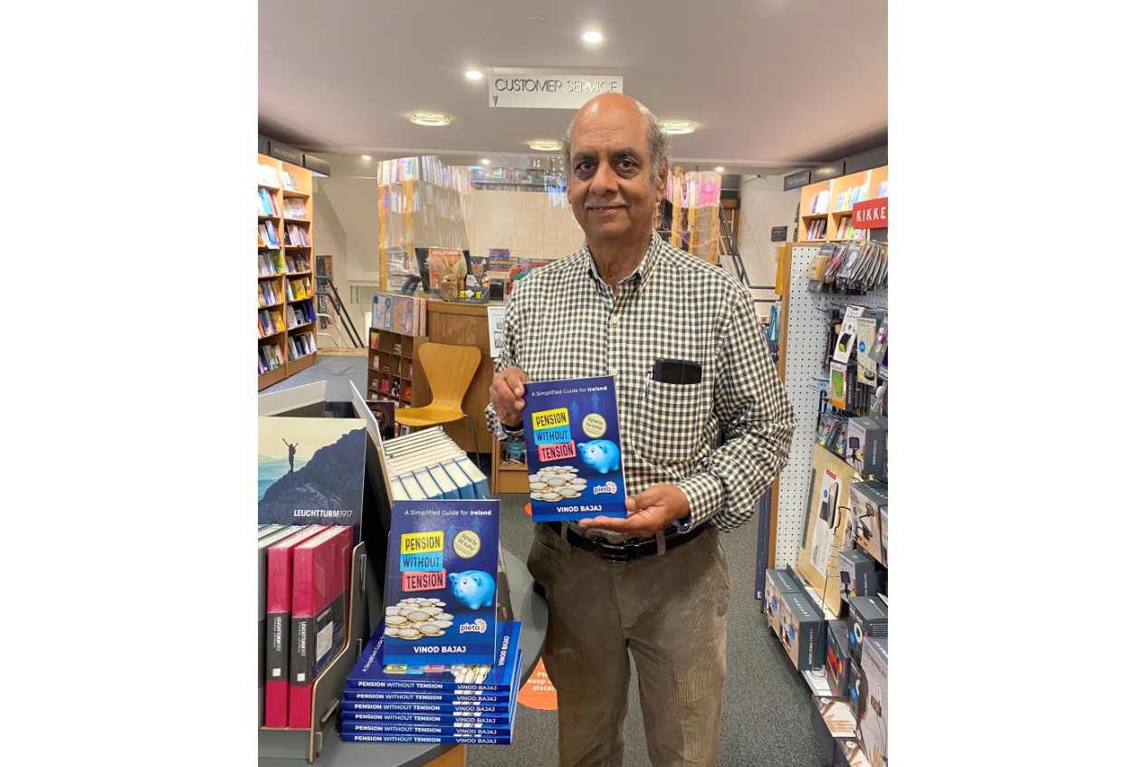 Pension Without Tension is a new book by Vinod Bajaj, pictured above in O’Mahony’s Booksellers
