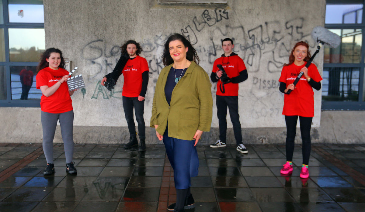 Irelands Young Filmmaker 2022 - Jayne Foley, Founder of Fresh Film (centre) pictured with young fillmakers. Picture: Dermot Culhane