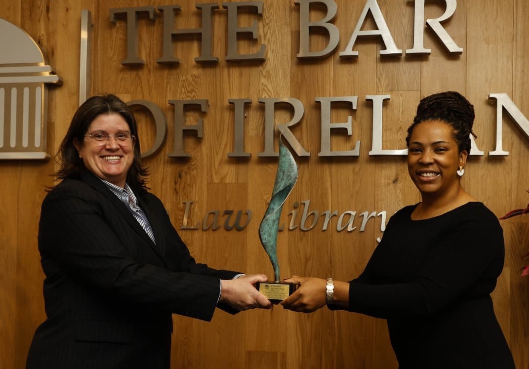 Movement of Asylum Seekers in Ireland co-founder, Donnah Sibanda Vuma, is presented with the Council of the Bar of Ireland's Human Rights Award for 2021.