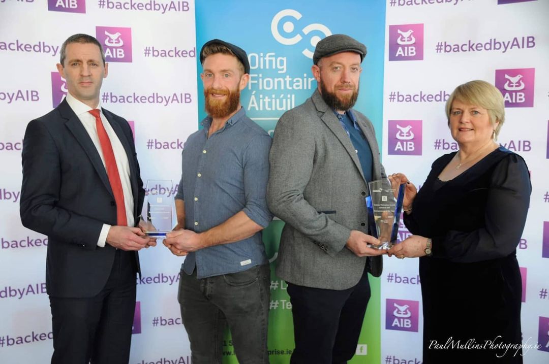 Ciaran Cooke with Odyssey Studio owner Mark Maher after winning "Best Manufacturing Company" and "Entrepreneur of the Year" at the Limerick Enterprise Awards 2020. Picture: Paul Mullins 