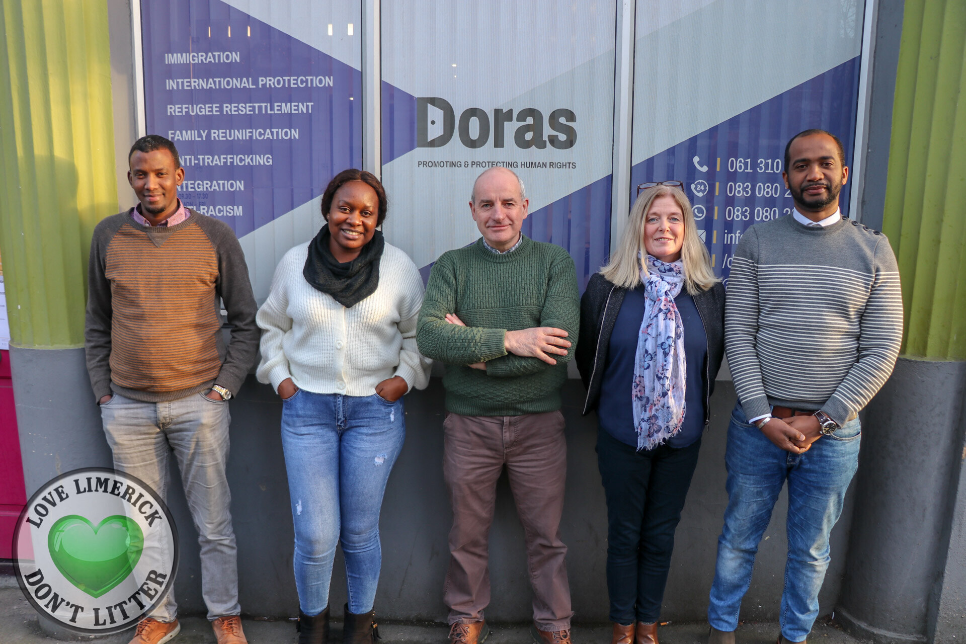 Doras 21st anniversary - Limerick-based migrant support centre Doras celebrates its 21st anniversary this month. Pictured: Hassan Shariif, Legal Advice and Info Officer, Cassandra Lordzenda, Student Volunteer, John Lannon, CEO Doras, Fiona McCaul, General Manager and Ahmed Hassan Mohamed, Community Sponsorship Officer.