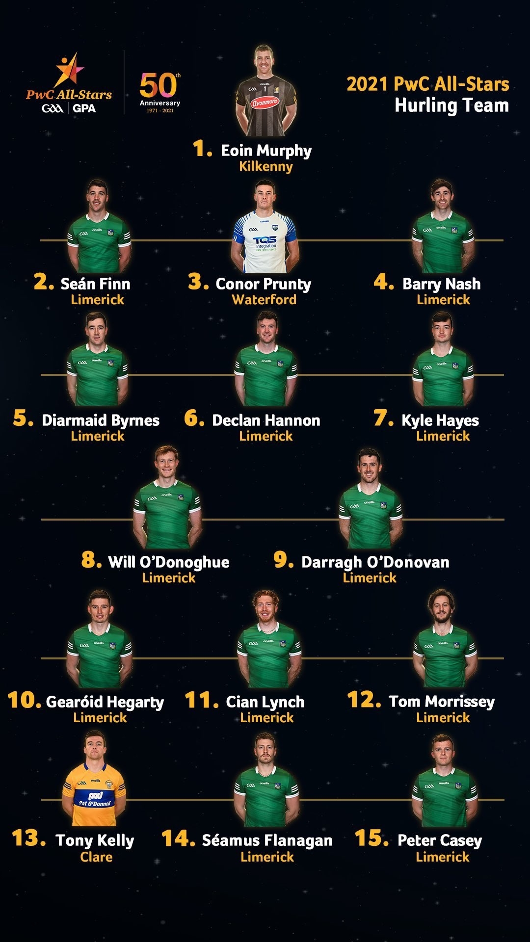 limerick hurlers all star In another impressive accomplishment, the Hurler of the Year Award will go to one of three Limerick nominees - Sean Finn, Cian Lynch or Kyle Hayes.