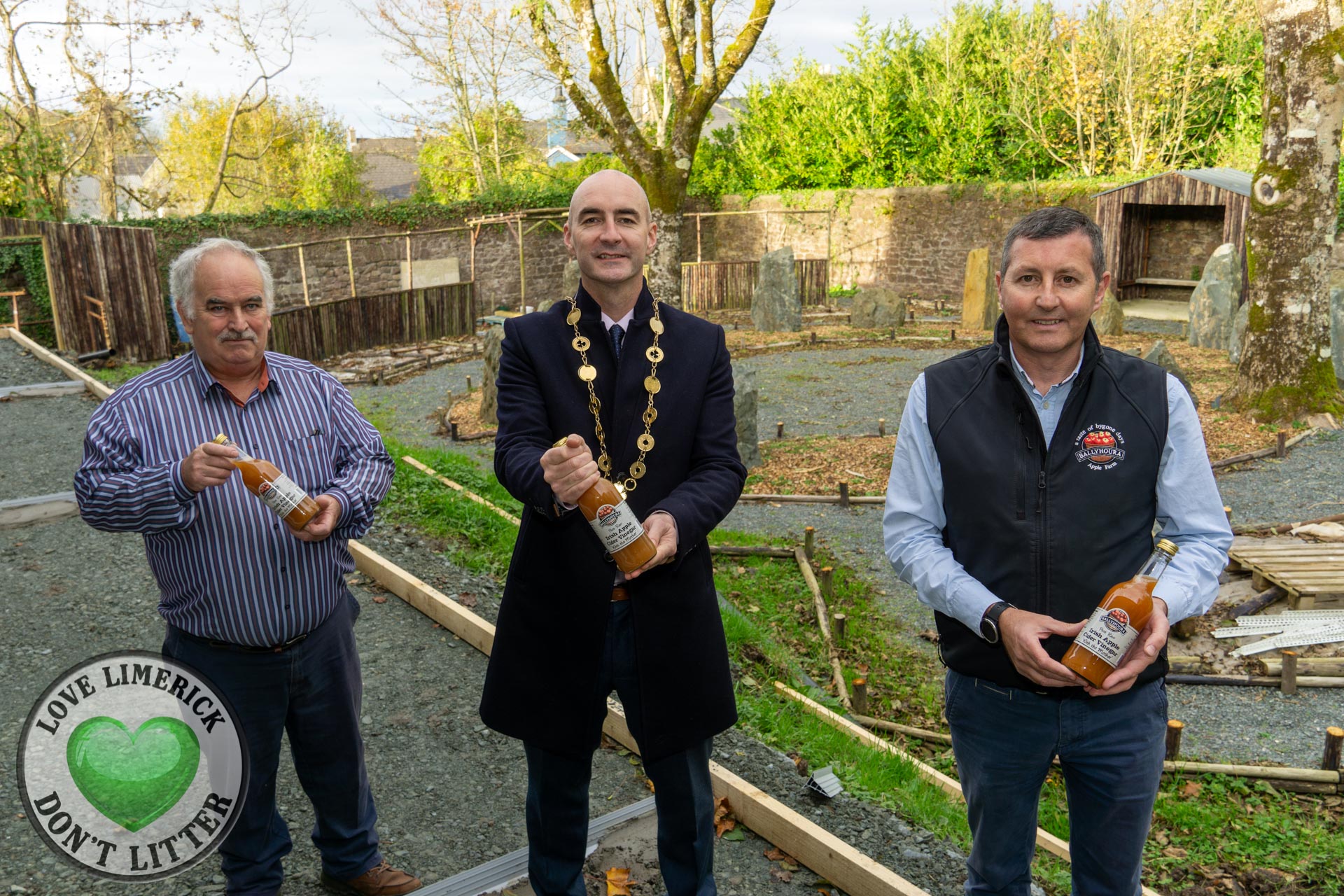Ballyhoura apple farm Pictured are owner Maurice Gilbert , Mayor of Limerick City and County Daniel Butler and  Donagh Raftery, Sales Manager at Ballyhoura Apple Farm. Picture: Krzysztof Luszczki/ilovelimerick.