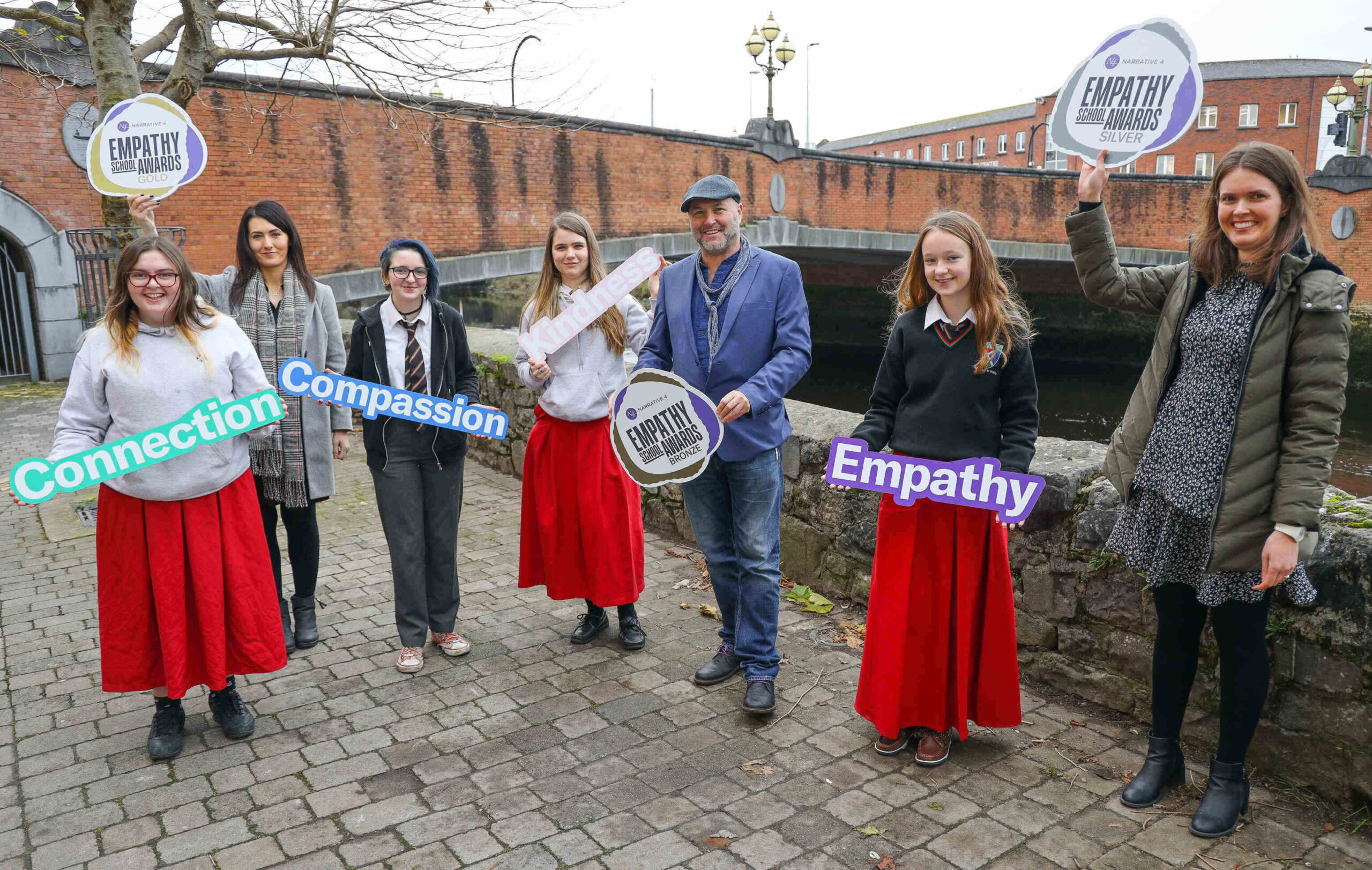 Narrative 4 Empathy school award - Colum McCann with teachers and students from Gaelcholáiste Luimnigh.