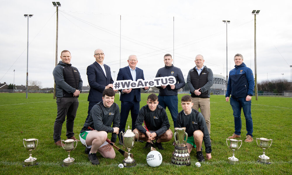 TUS GAA Sponsorship - Pictured at the launch of the sponsorship where left to right, Adrian Flaherty, TUS, Liam O'Mahony, Chair National Post Primary Schools GAA, Prof. Vincent Cunnane, President TUS, Colm Hayes, Chair Munster Post Primary Schools GAA, Jimmy Browne, Vice President - Campus Services and Capital Development TUS and Eoin Ryan, Munster GAA Council, front row left to right, Luke Earls, Pierce Connery and Cathal Conroy, Kilmallock. Picture: Alan Place