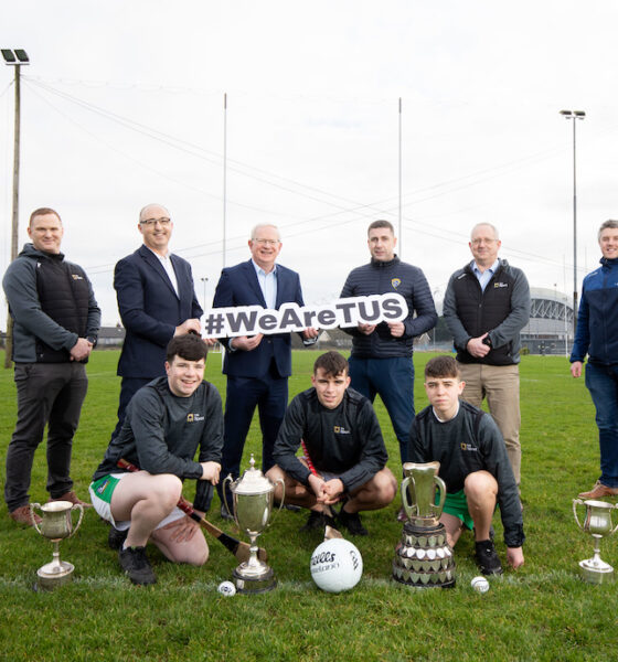 TUS GAA Sponsorship - Pictured at the launch of the sponsorship where left to right, Adrian Flaherty, TUS, Liam O'Mahony, Chair National Post Primary Schools GAA, Prof. Vincent Cunnane, President TUS, Colm Hayes, Chair Munster Post Primary Schools GAA, Jimmy Browne, Vice President - Campus Services and Capital Development TUS and Eoin Ryan, Munster GAA Council, front row left to right, Luke Earls, Pierce Connery and Cathal Conroy, Kilmallock. Picture: Alan Place