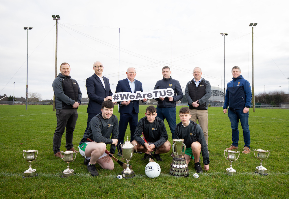 TUS GAA Sponsorship - Pictured at the launch of the sponsorship where left to right, Adrian Flaherty, TUS, Liam O'Mahony, Chair National Post Primary Schools GAA, Prof. Vincent Cunnane, President TUS, Colm Hayes, Chair Munster Post Primary Schools GAA, Jimmy Browne, Vice President - Campus Services and Capital Development TUS and Eoin Ryan, Munster GAA Council, front row left to right, Luke Earls, Pierce Connery and Cathal Conroy, Kilmallock. Picture: Alan Place