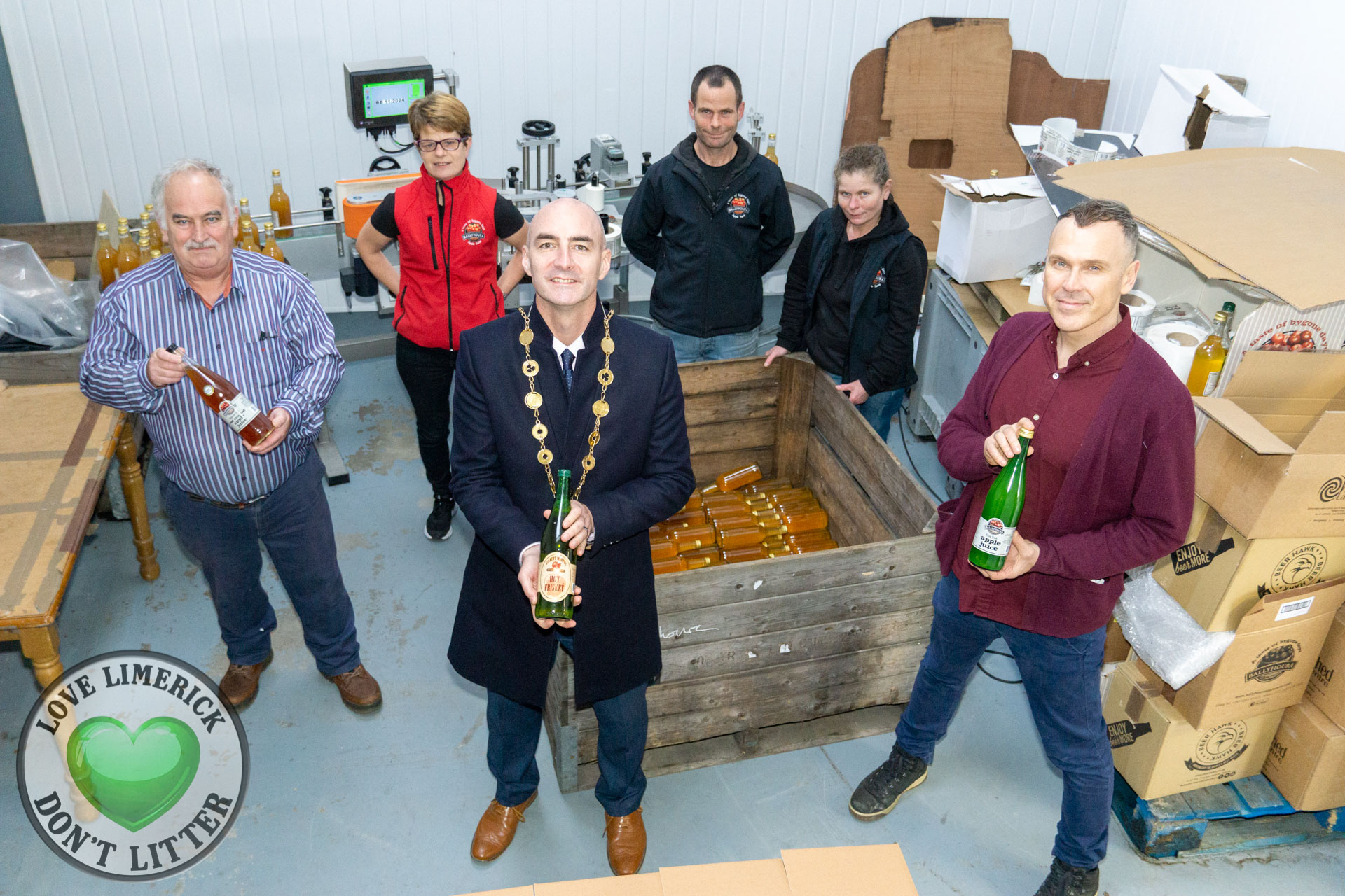 Ballyhoura Apple Farm - Pictured are owner Maurice Gilbert, Mayor of Limerick City and County Daniel Butler and Richard Lynch, I Love Limerick (front) with Helen O Farrell, Mixologist, Maurice Noonan, General Operator and Breda O'Donovan, Production Assistant (back) at Ballyhoura Apple Farm which produces healthy juices and apple cider vinegar, sold in 350 shops throughout Ireland. Picture: Krzysztof Luszczki/ilovelimerick.