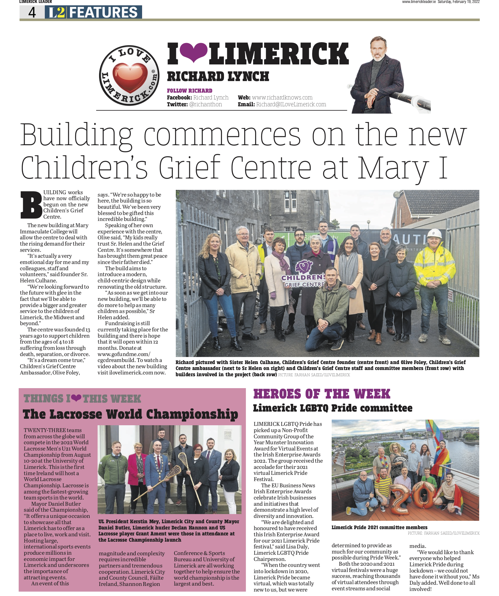 The Leader Column February 19 2022 - Building commences on the new Children's Grief Centre at Mary I