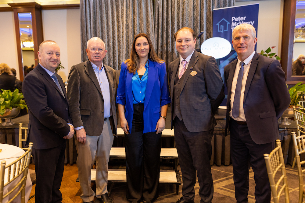 McVerry Trust Limerick growth - Pat Doyle, CEO Peter McVerry Trust, Michael O'Dwyer, organiser, Gillian Barry, MC, Cyril Laffan, Castletroy Park Hotel and guest speaker John Kiely were pictured at the Peter McVerry Breakfast Morning at the Castletroy Park Hotel. Picture: Marie Keating