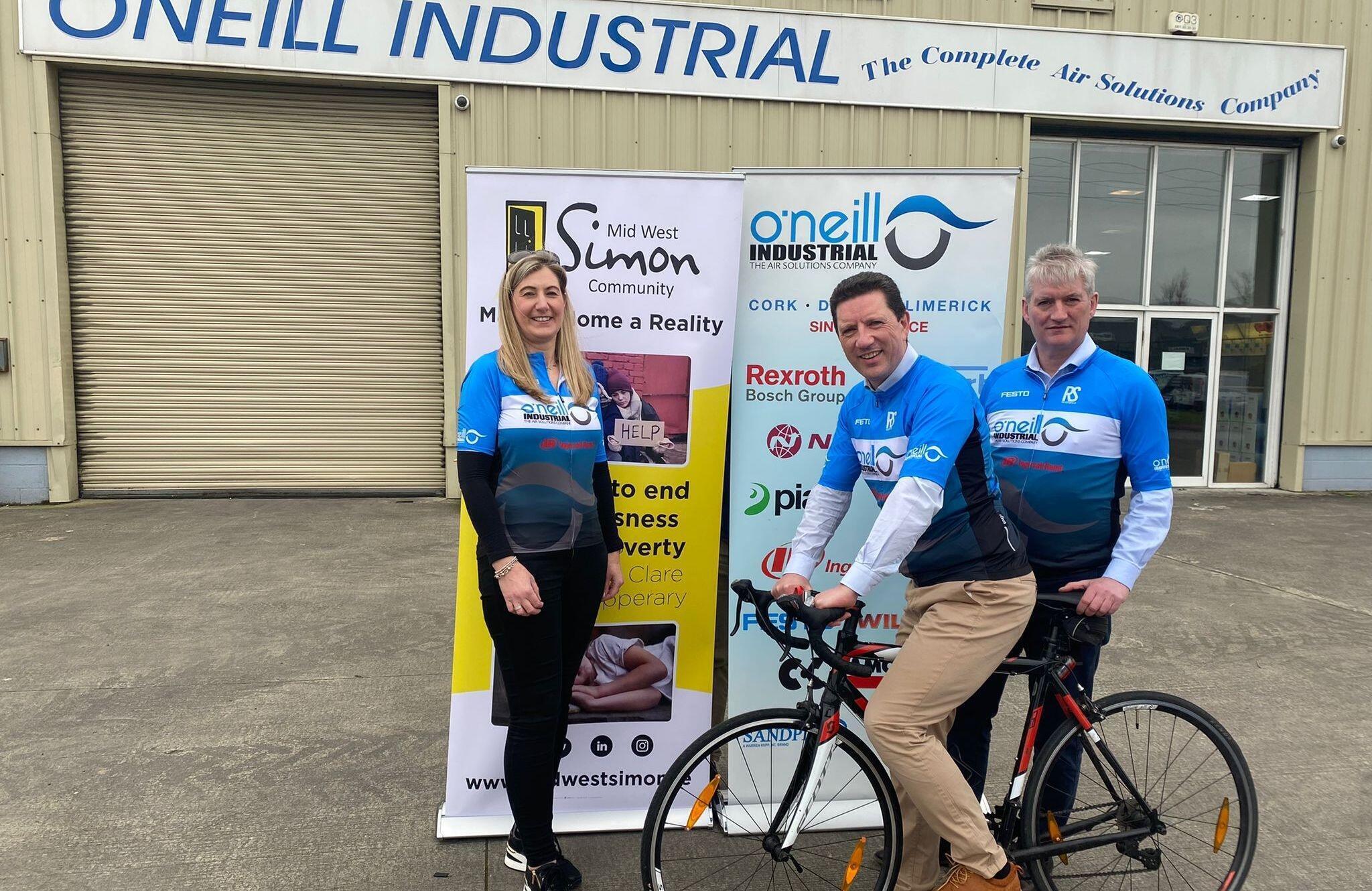 O Neill Industrial Charity O Neill Industrial Charity Cycle - Pictured are Maura McMahon, Events & Donor Relationship Manager, Mid West Simon Community, Michael O’Neill, Director, O’Neill Industrial and Austin O’Neill O’Neill Industrial.