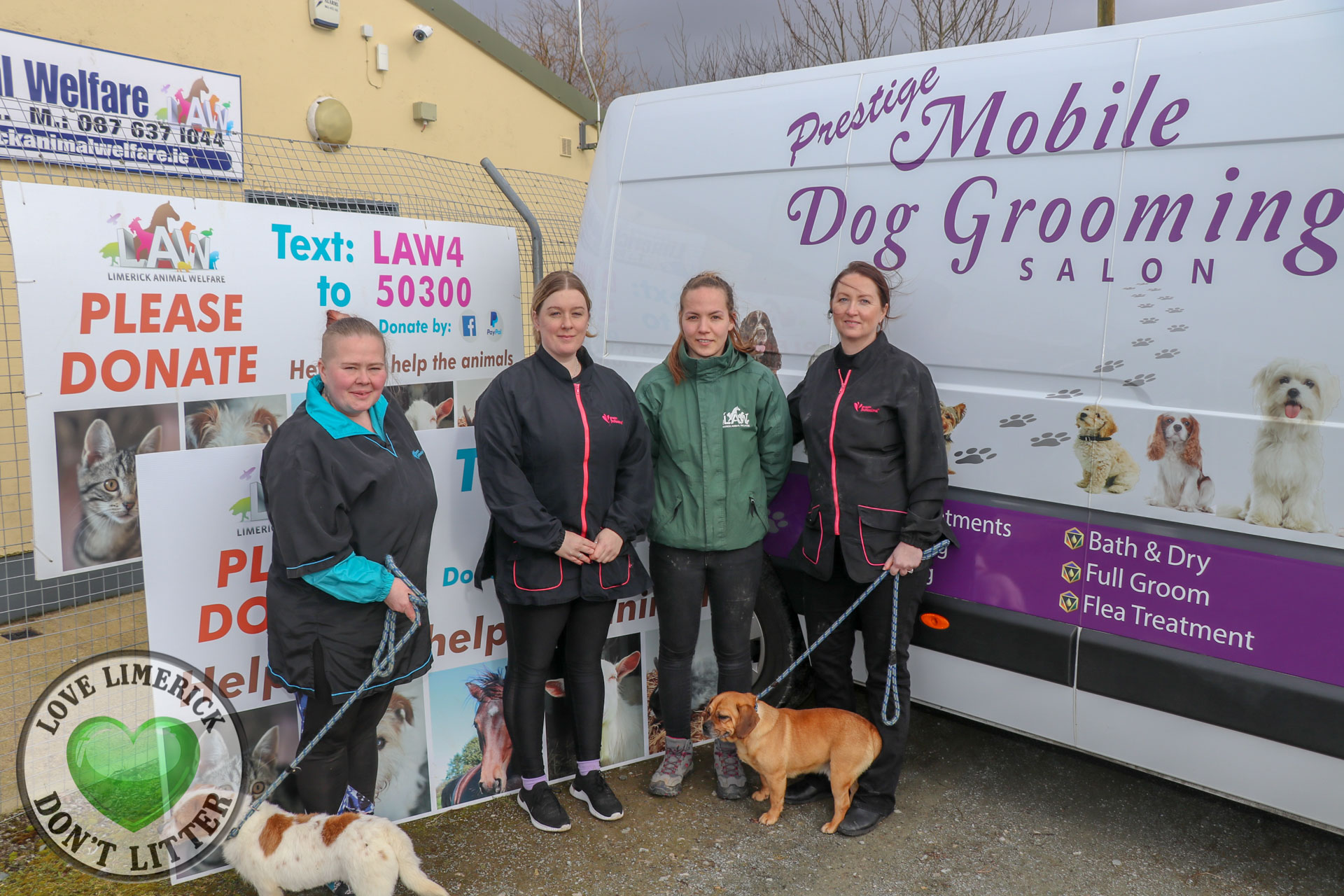 Prestige Dog Grooming 600K - Limerick-based dog grooming company Prestige Dog Grooming are challenging themselves to a 600K walkathon in aid of Limerick Animal Welfare. Pictured are Renata and Sophie from Prestige with Lisa Doherty, Assistant Manager of Limerick Animal Welfare and and Tracey from Prestige Dog Grooming. Picture: Richard Lynch/ilovelimerick