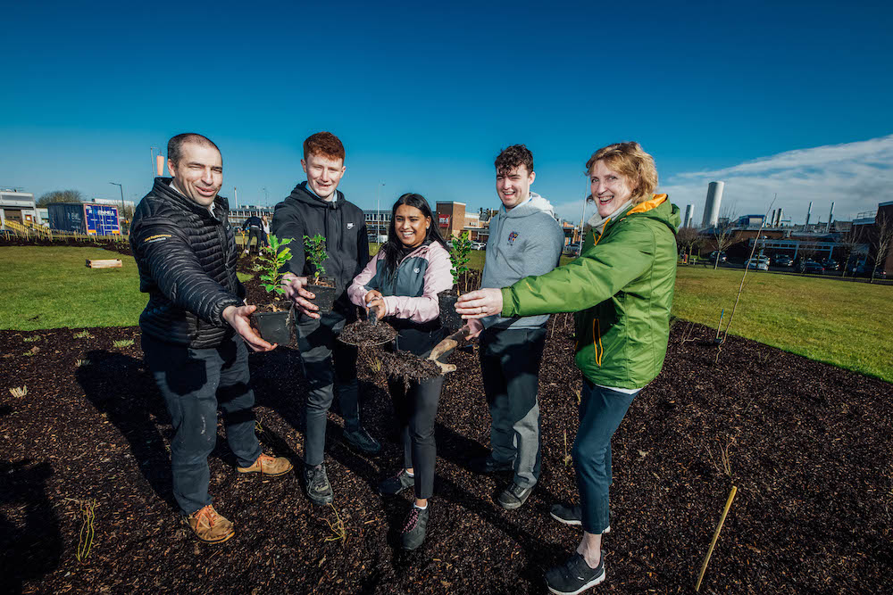 Stryker Tiny Forest planting in Limerick - Pictured at the tree planting were Richard McKeogh, Plant Manager, Stryker Limerick, Sean Morrissey - Crescent College in Limerick, Ahana Maharaj, Co-op Student EHS, Stryker, Cathal Lanigan Ryan, Crescent College in Limerick and Helen O'Donnell, Limerick City Tidy Towns. Picture: Brian Arthur