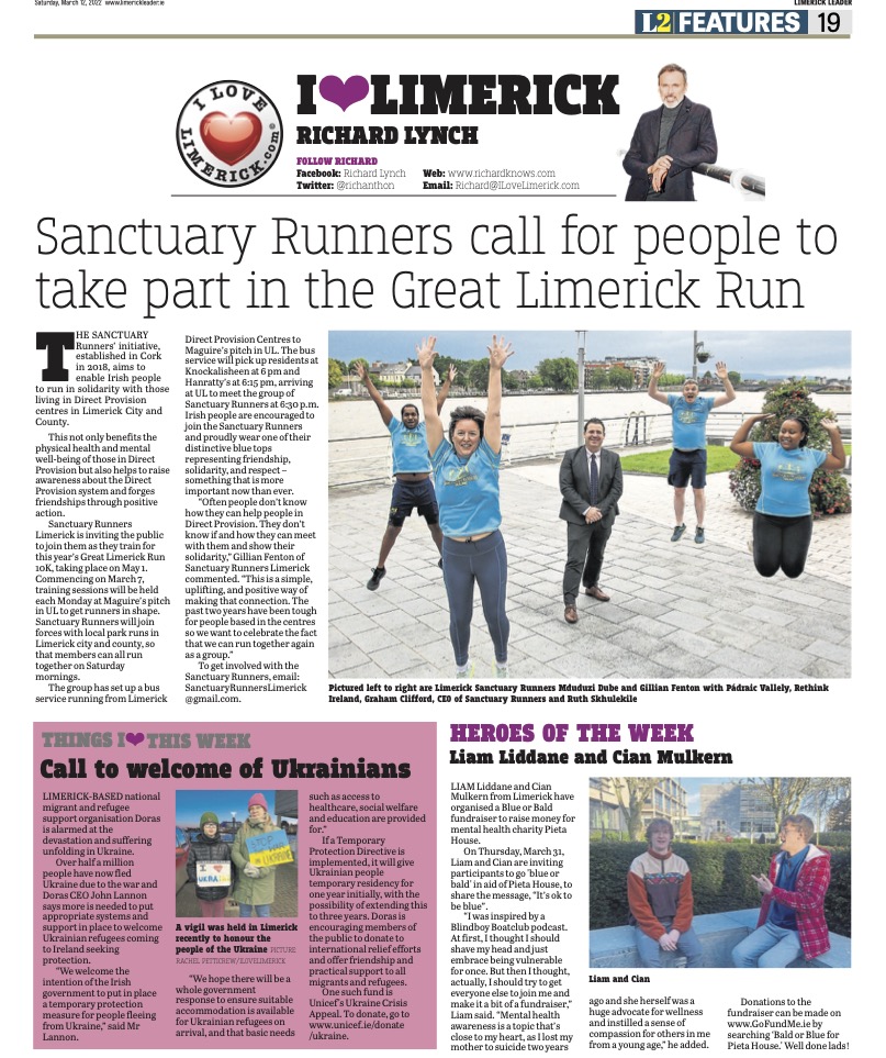 The Leader Column March 12 2022 - Sanctuary Runners call for people to take part in the Great Limerick Run