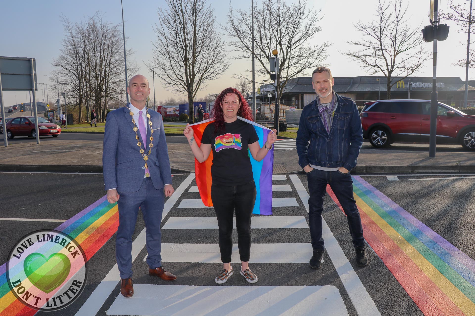 Second Limerick Rainbow crossing - Pictured are Mayor Daniel Butler, Lisa Daly, Chairperson of Limerick Pride and Richard Lynch, PRO of Limerick Pride. Picture: Ava O'Donoghue/ilovelimerick