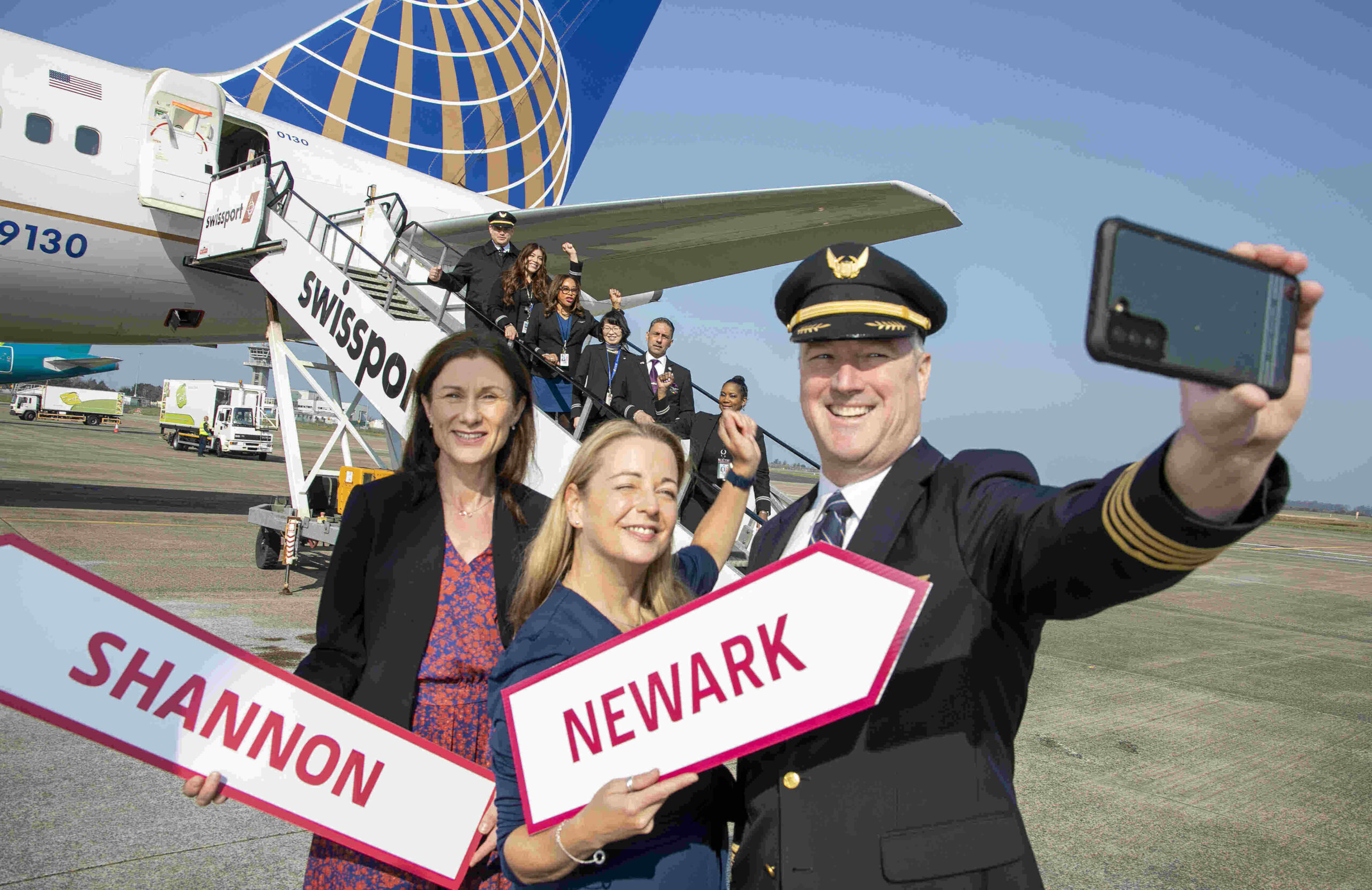 United Airlines Shannon to New York/Newark - Mary Considine, CEO Shannon Group, Martina Coogan, United Airlines, Country Sales Manager Ireland and Northern Ireland and United Airlines Pilot Captain Dan Sullivan. Picture: Arthur Ellis.