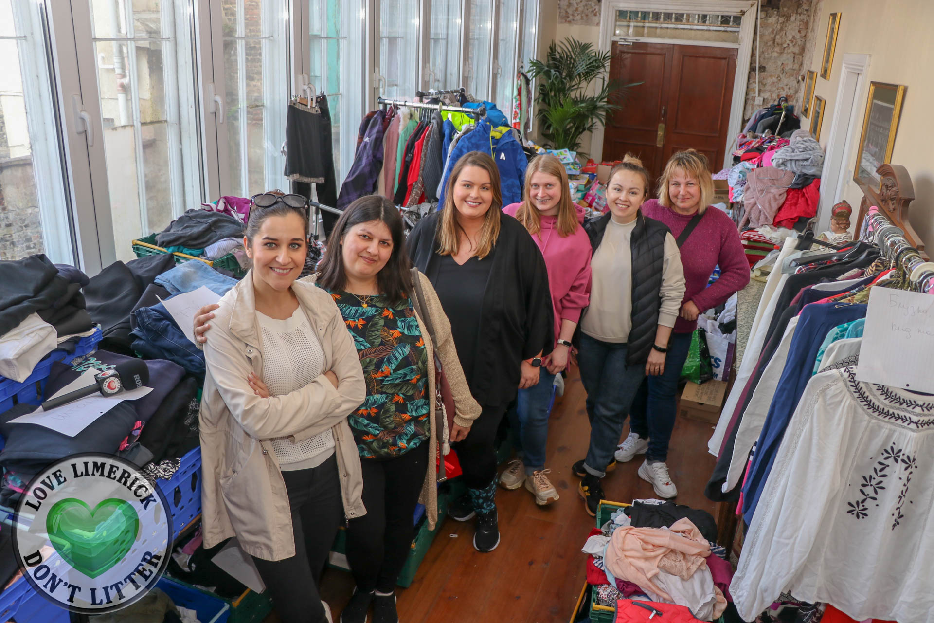 Zero Cost Shop Limerick - Pictured are organisers Anna Mazeika and Kamila Turzynska with volunteer Avril Harty and Iryna, Yeva and Svetlana, who are all volunteers from the Ukraine. Picture: Richard Lynch/ilovelimerick.