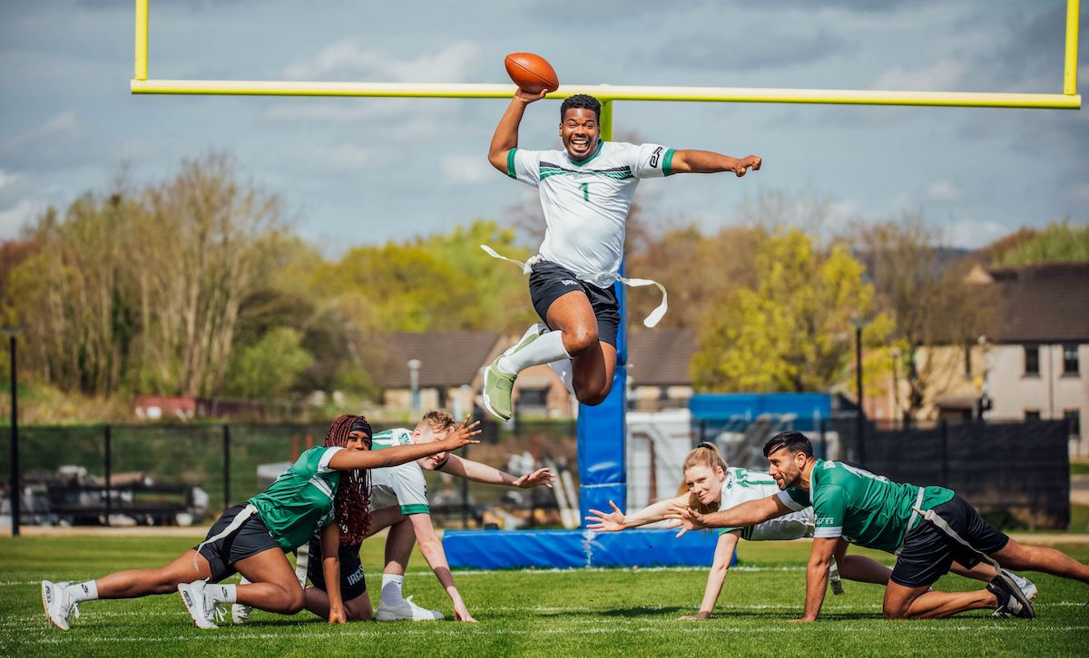 2023 Flag Football European Championships - Members of the Irish team, the Irish Wolfhounds Meg Eze, Stephen Gillis, Ben Arulogun , Jenny Kavanagh and Bjorn Blythe pictured in the University of Limerick as the International Federation of American Football Confirmed Flag Football Championships to Touchdown in Limerick. Picture: Brian Arthur