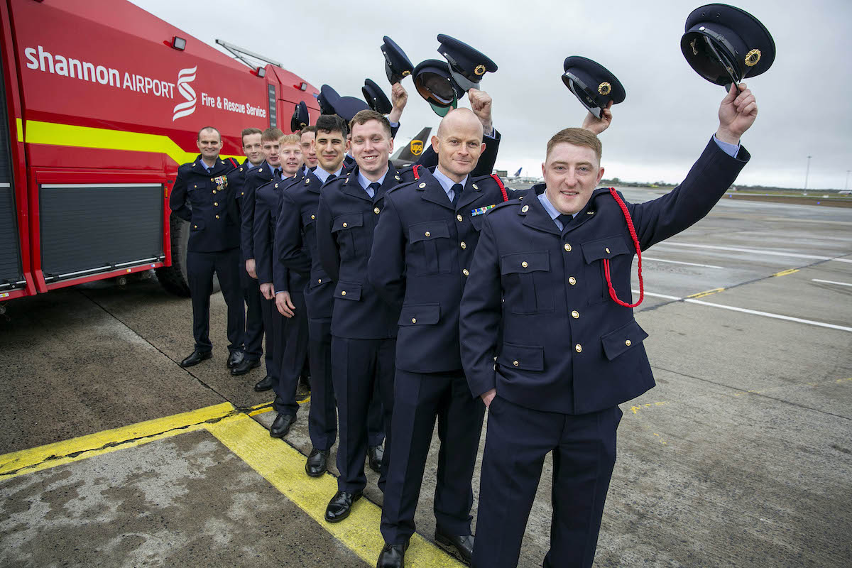 Shannon Airport Fire Service recruits pictured above - Mike Cotter, Paul Finnin, Laurence Power, Tadghe Kelly, Alan O’Dea, James Crosse, Mark Kirwan, Colm Maher, Chris Kelliher. Picture: Arthur Ellis.