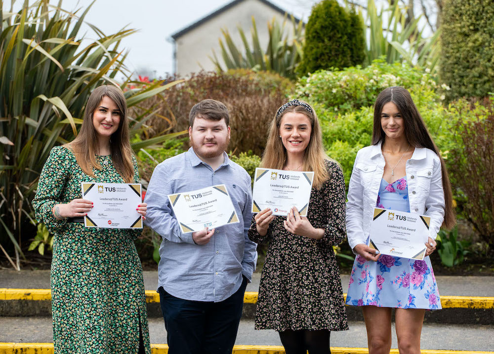 TUS scholarships - Pictured at the special scholarship ceremony at the Millennium Theatre, TUS, Moylish Campus, Limerick were, Leadership@TUS Award recipients, Ludmila Sevjahova, Limerick City, Aaron Campbell, Cratloe Co. Clare, Aisling Rock, Roscommon and Ava Vaughan Hall, Bradford Co. Clare. Picture: Alan Place