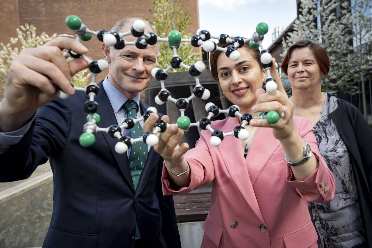 UL Sustainability Challenge University of Limerick PhD student Simin Arshi and Minister Ossian Smyth examine a Metal Organic Framework (MOF) structure at the Bernal Institute. Picture: Don Moloney