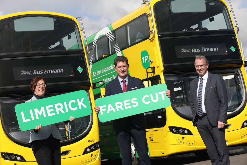 Bus Eireann fares reduced Pictured are Minister for the Environment, Climate and Communications and Minister for Transport Eamon Ryan TD, Anne Graham CEO NTA and Stephen Kent Bus Éireann CEO.