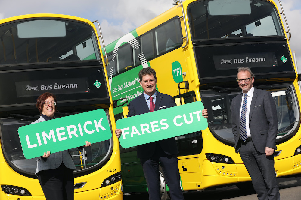 Bus Eireann fares reduced Pictured are Minister for the Environment, Climate and Communications and Minister for Transport Eamon Ryan TD, Anne Graham CEO NTA and Stephen Kent Bus Éireann CEO.