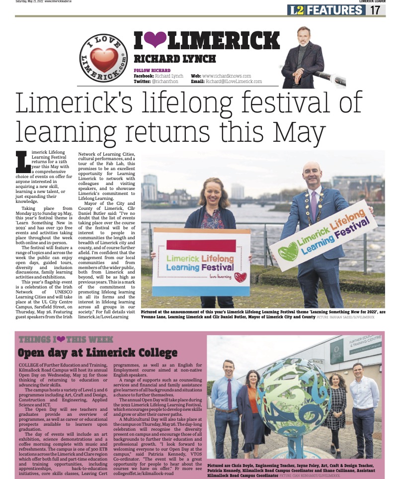 The Leader Column May 21 2022 - Limerick's Lifelong Learning Festival returns this May.