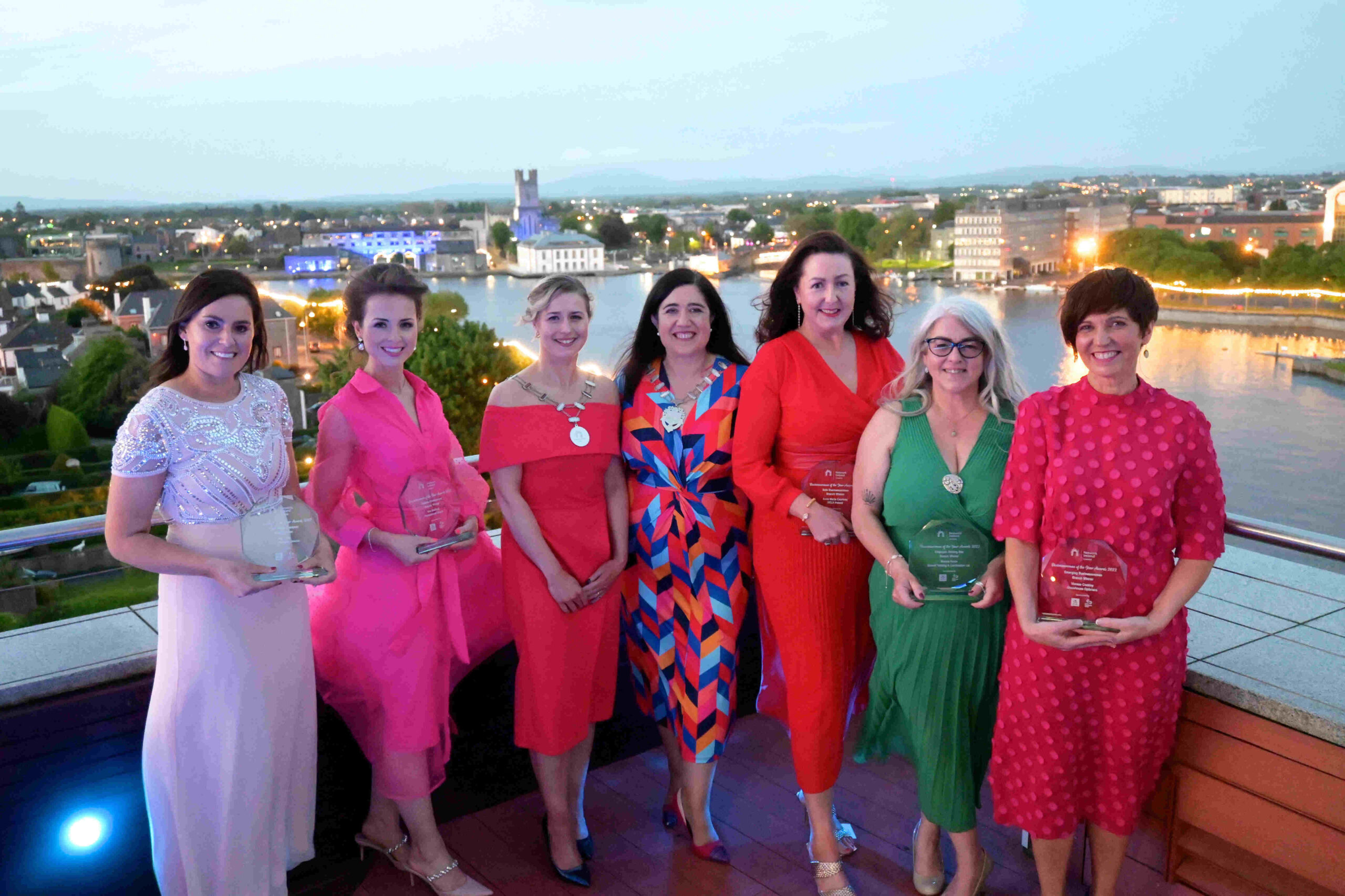 Network Ireland Limerick 2022 Businesswoman of the Year Awards at the Strand Hotel Limerick - award winners Ellen Tuffy, Eve Stafford, Emma Wilson Network Limerick President, Noreen McKenzie, network Ireland President, Anna Maria Courtney, Monica Forde and Maria Coakley