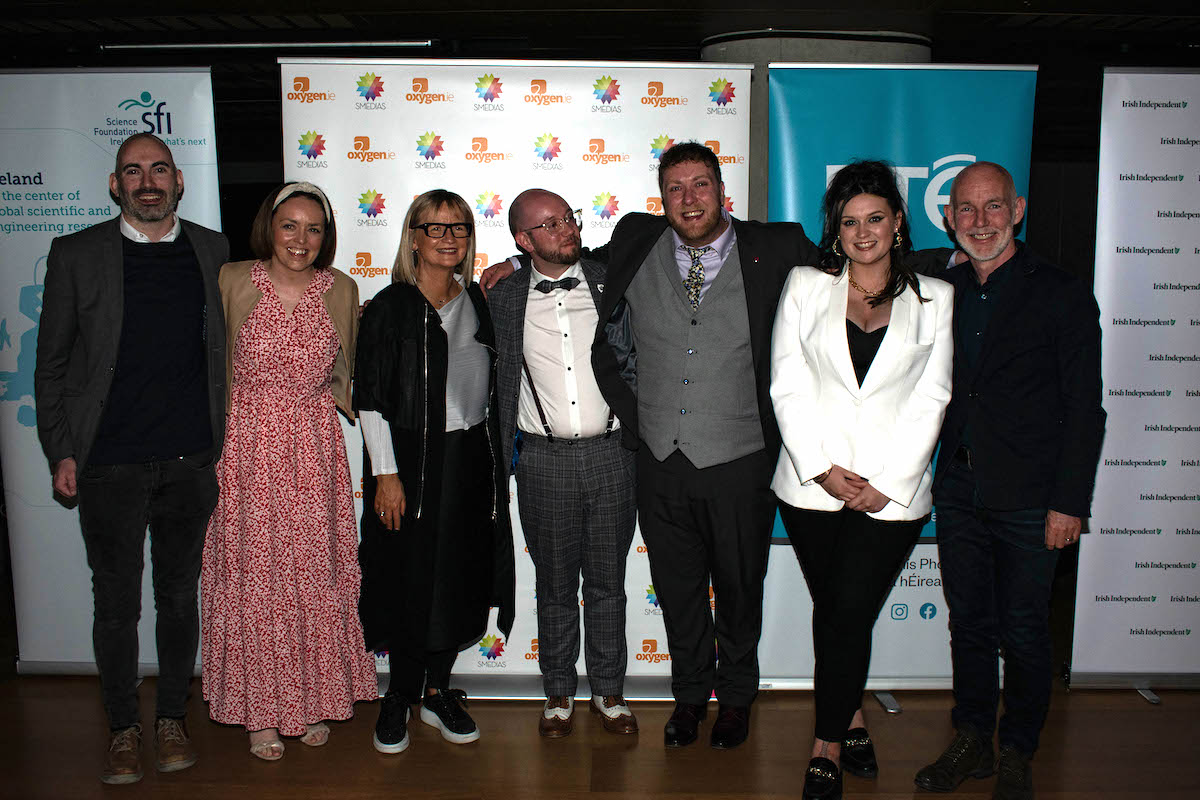 UL journalism students - Dee Forbes Director General of RTE and Radio One presenter Ray D'Arcy with University of Limerick MA in Journalism students who received the award for TV Production of the Year at the National Student Media Awards.