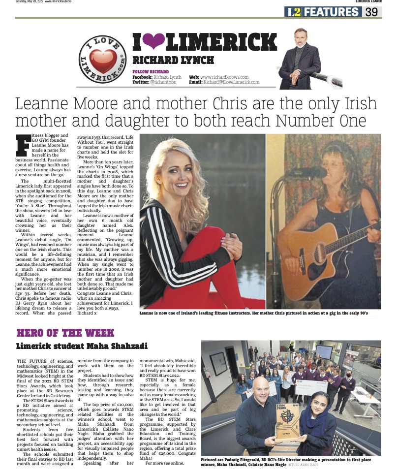 The Leader Column May 28 2022 - Leanne Moore and mother Chris are the only Irish mother and daughter to both reach Number One