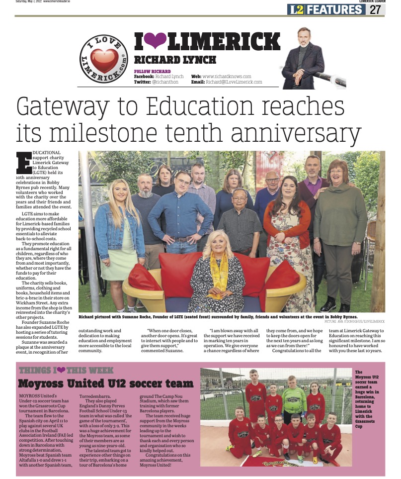 The Leader Column May 7 2022 - Limerick's Gateway to Education reaches its milestone 10th anniversary