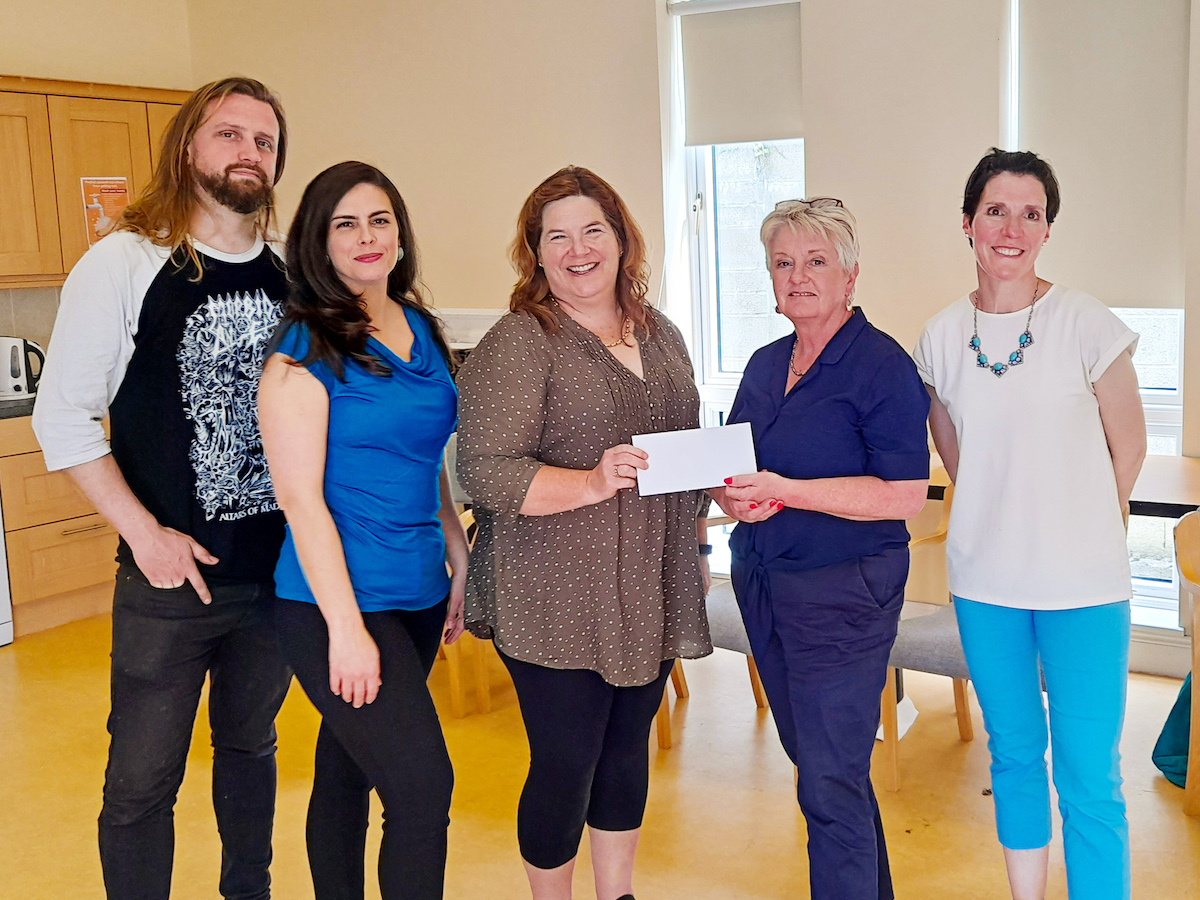 Rape Crisis Midwest donation - Pictured are Ken Coleman, Margarita Bernal Arango and Moya Ni Cheallaigh of Limerick Artists for Ukraine, making the presentation to Miriam Duffy and Verena Tarpey of Rape Crisis Midwest.