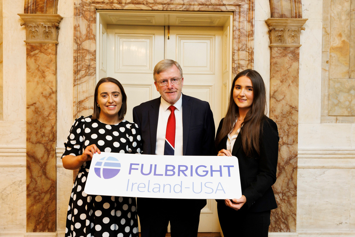 MIC Fulbright Programme awardees - Eimear Millane and Eilís Ní Iarlaithe pictured with President Eugene Wall above