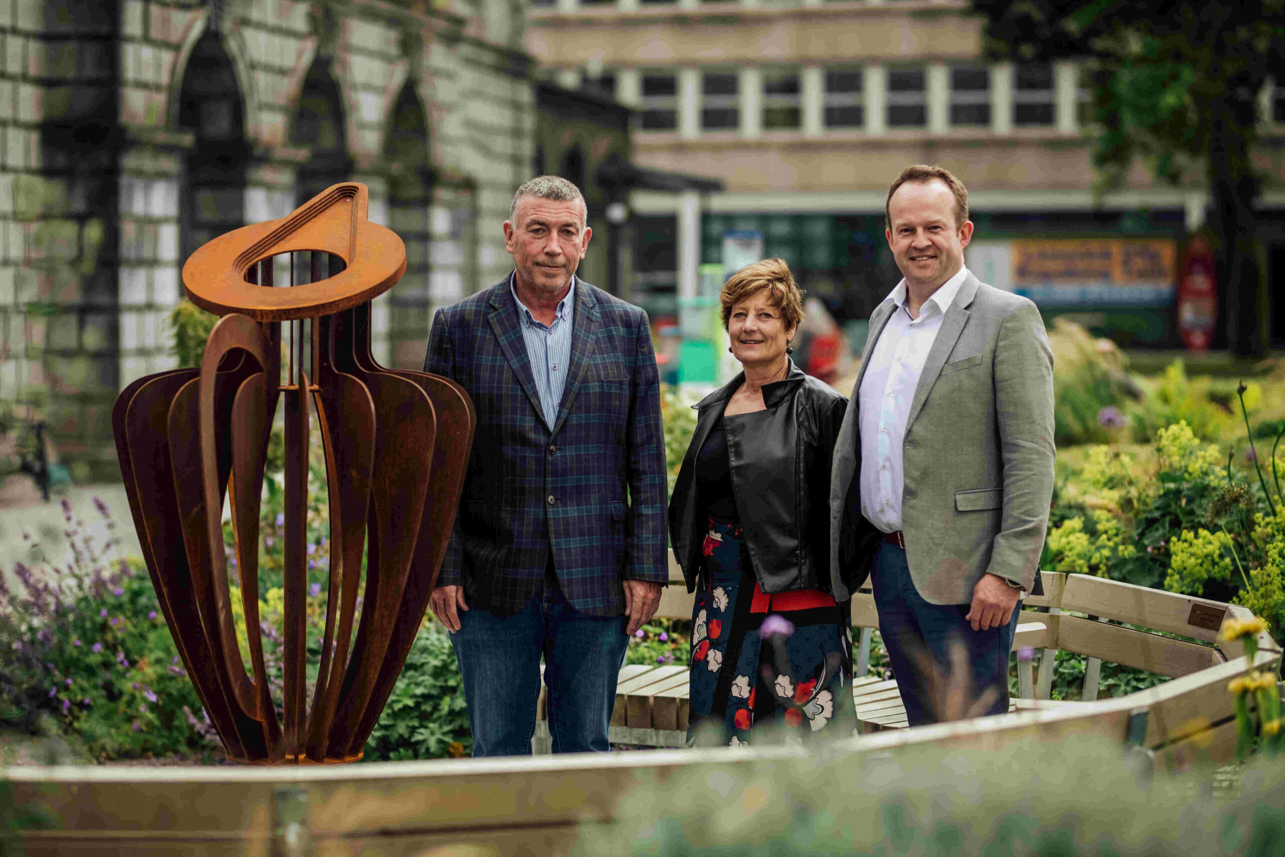 Takumi Sculpture at Hunt Museum in a Garden Unveiled - Gerry Reynolds and Donal Galligan, Takumi with Jill Cousins, Hunt Museum, pictured as Takumi added a new sculpture to the Hunt Museum in a Garden. Takumi engineers and designers made an interpretation of the museum’s Etruscan Wine Jug from the 5th century BC, using Corten Steel, cut by water jet and welded into shape. Picture: Brian Arthur