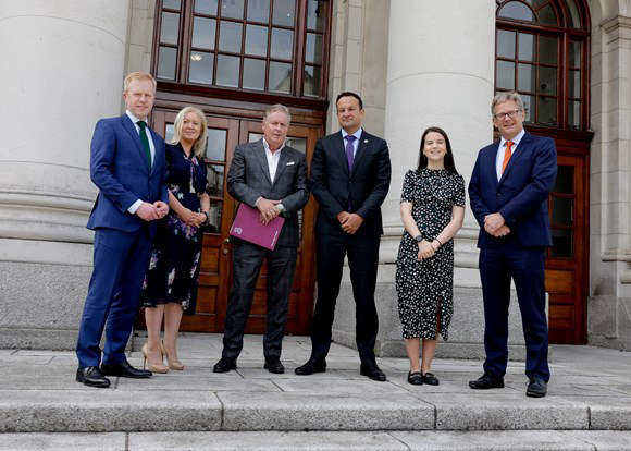 Three Ireland Limerick expansion - Pictured above are Dónal Travers, global head of technology & CCBS; Deirdre Ardagh, Three, senior privacy and public policy counsel; Robert Finnegan CEO, Three Ireland and Three UK; Tánaiste Leo Varadkar; Sarah Connelly, project executive, IDA; and Andrew Vogelaar, head of growth markets, IDA. Picture: Maxwells