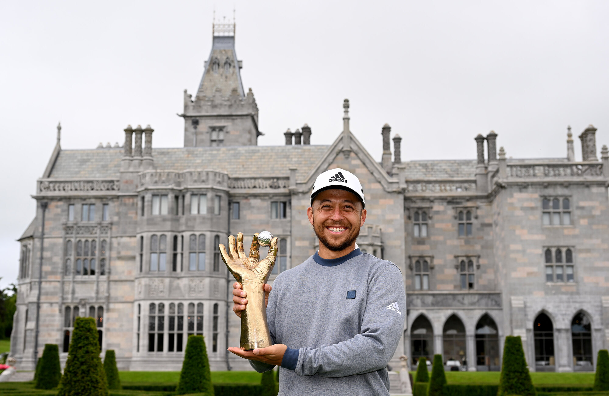 Xander Schauffele pictured at Adare Manor, Co. Limerick, with the 2022 JP McManus Pro-Am trophy, after winning the professional individual prize with a score of 10-under-par Schauffele shot a two-under-par to seal his win, following a course record 64 yesterday