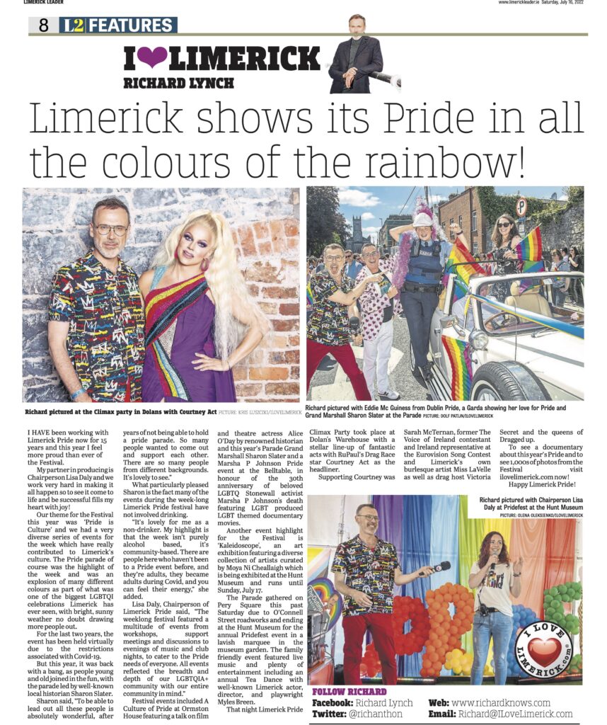 The Leader Column July 16 2022 - Limerick shows its Pride in all the colours of the rainbow!