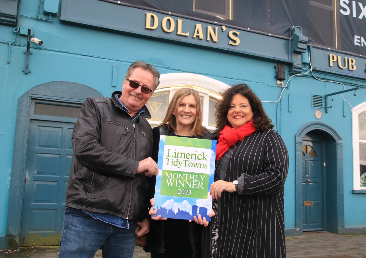 Pictured outside Dolans Pub and Restaurant receiving the award from Maura O’Neill of Limerick City Tidy Towns are owners Mick and Valerie Dolan. Picture: Adrian Butler/Limerick Leader