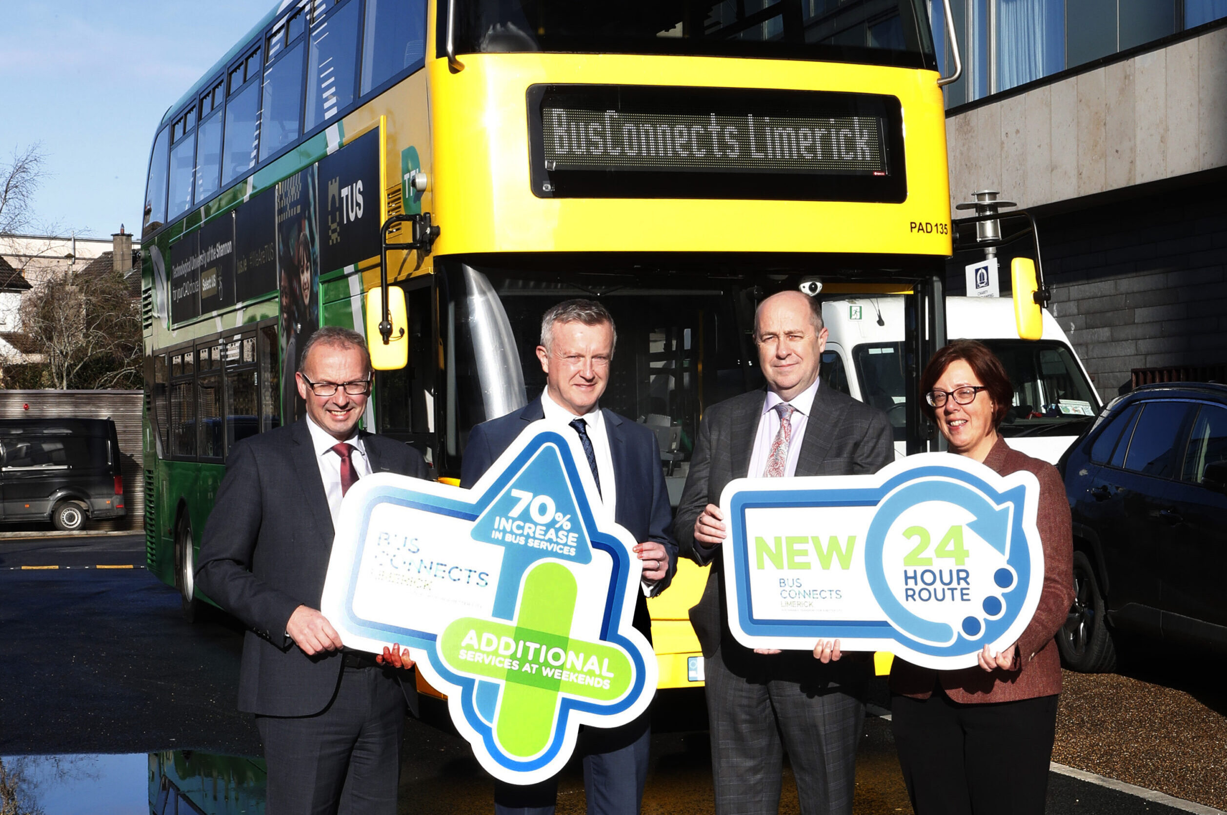 BusConnects Limerick Pictured at the launch are Stephen Kent CEO Bus Eireann, Brian Kennedy limerick County & City Council, Robert O’ Mahony Bus Eireann and Anne Graham CEO NTA. Photograph Liam Burke/Press 22