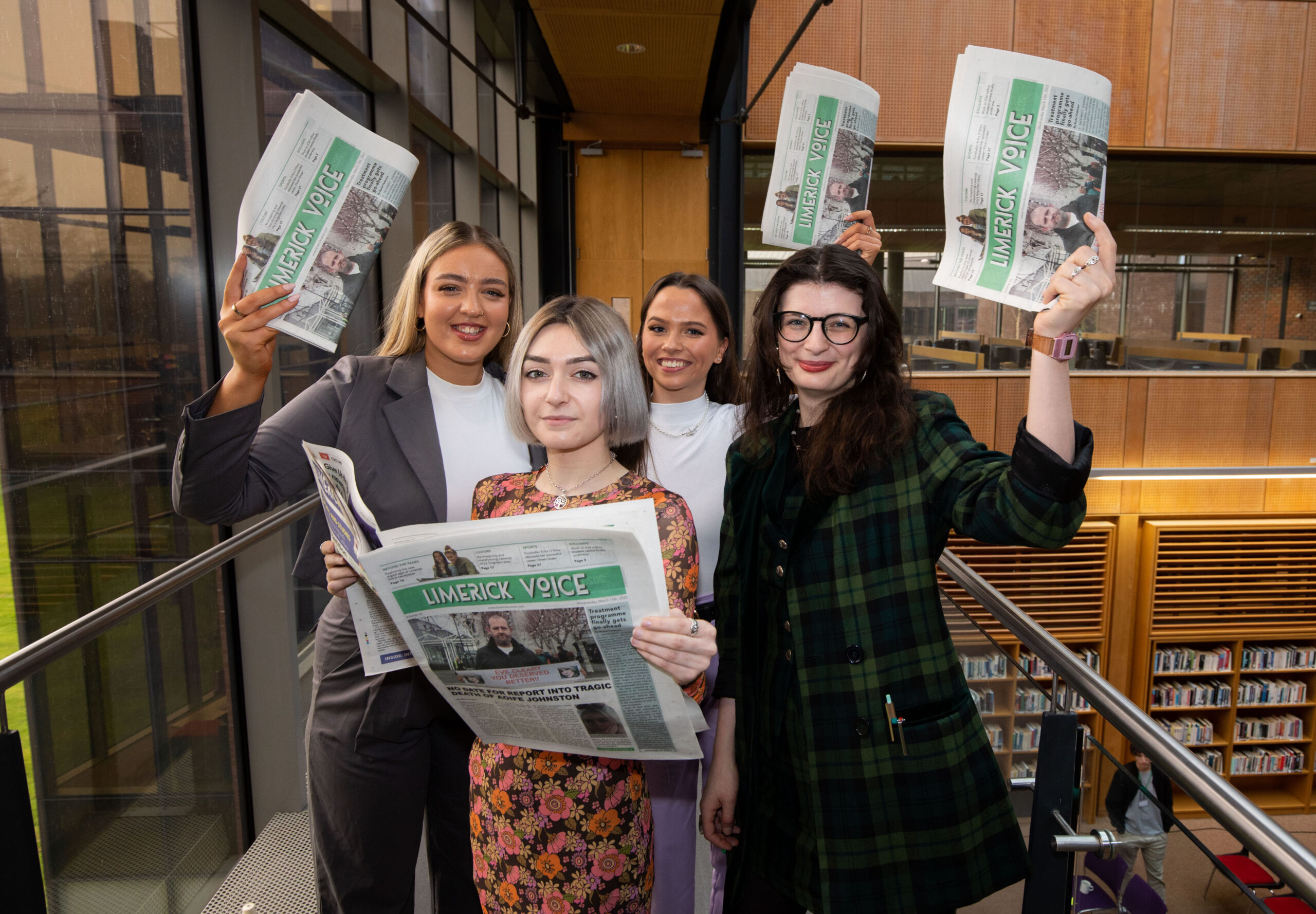 16th edition of awarding winning newspaper produced by University of Limerick Journalism students focuses on news, sports and features hits the streets of Limerick today, Wednesday March 15th, 2023, with over 40 stories covering news, sport and features. Pictured at the launch event of the 16th edition of the award-winning 2023 Limerick Voice newspaper were left to right, Jodie McCormack, Deputy Social Media Manager, Rachel Petticrew, Digital Editor, Aishlin Hennigan, Social Media Manager and Ellen Gough, Print Editor. Picture: Alan Place