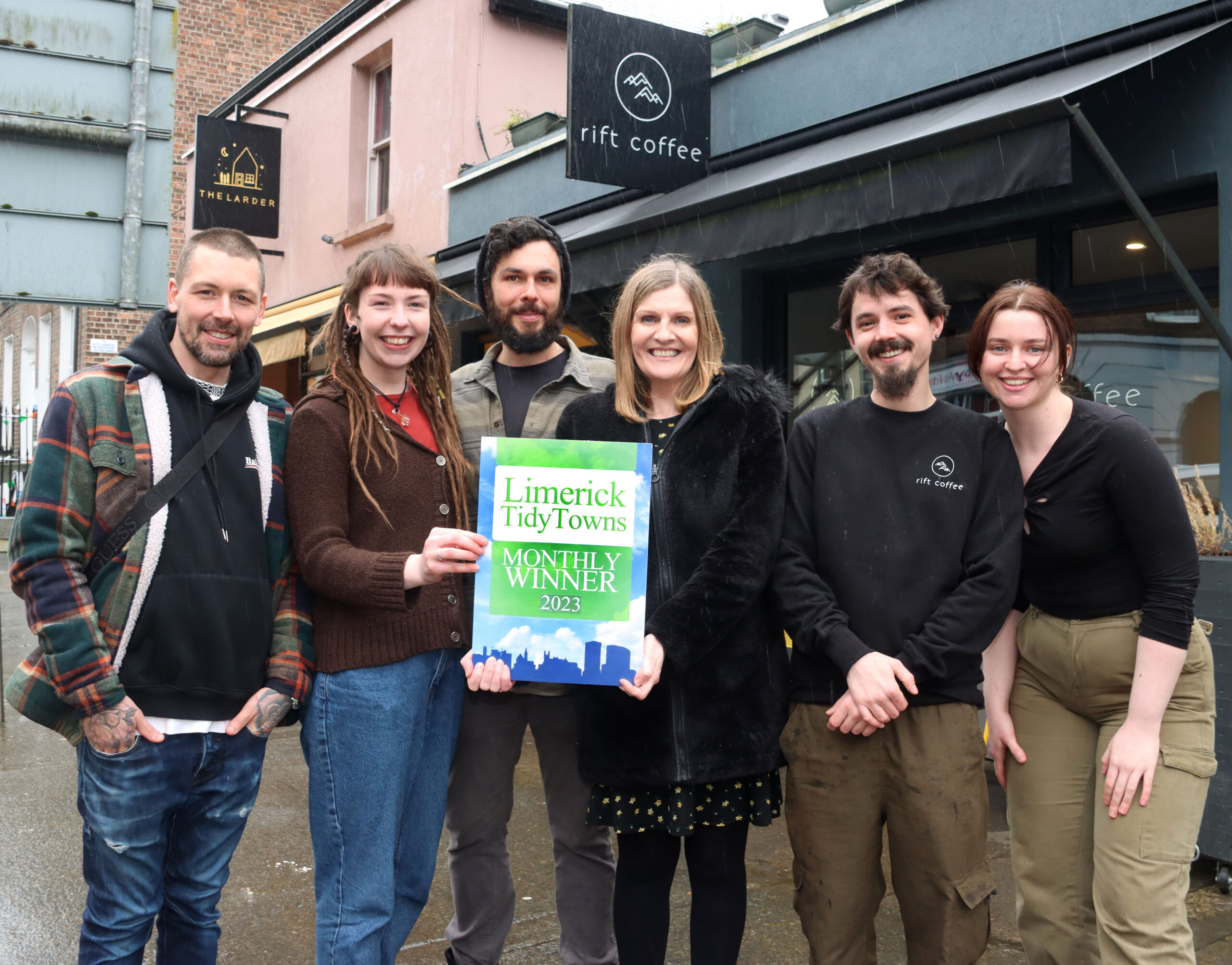 rift coffee limerick city Maura O'Neill, Limerick City Tidy Towns, presenting the Limerick City Tidy Towns monthly award to staff at Rift Coffee, Mallow Street, from left, Craig Switzer, Chloe Rice, Diego Muller, Seb Oguey and Ciara Sexton Picture: Adrian Butler