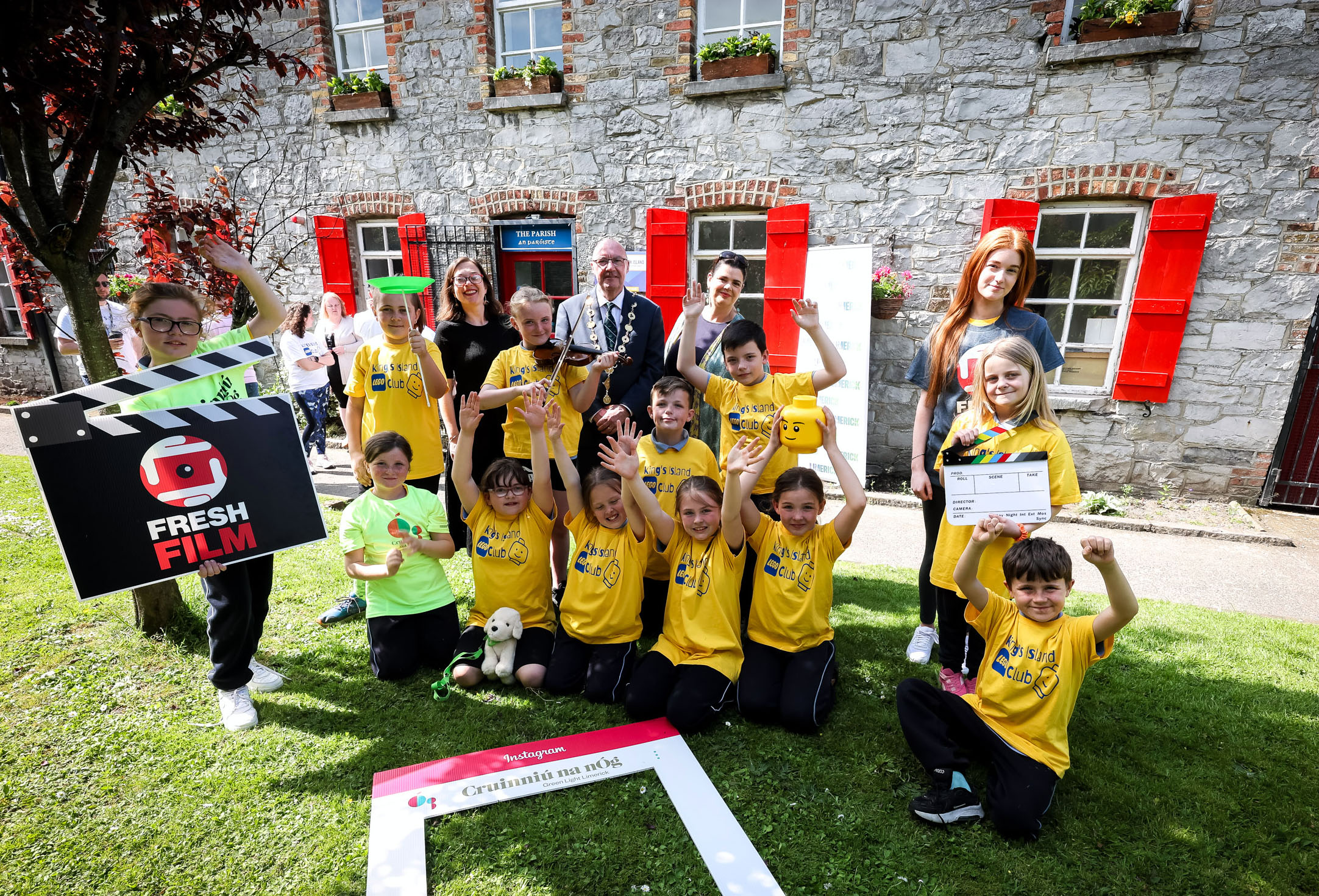 24-05-2023 Mayor of Limerick City and County Council, Francis Foley, Pippa Little, Limerick City and County Council, Arts Officer and Jayne Foley, Fresh Film together with children from the LEGO Club announce a new vent titled Cruinniu na nOg at The Alms Houses, Nicholas street, Limerick. Picture: Keith Wiseman