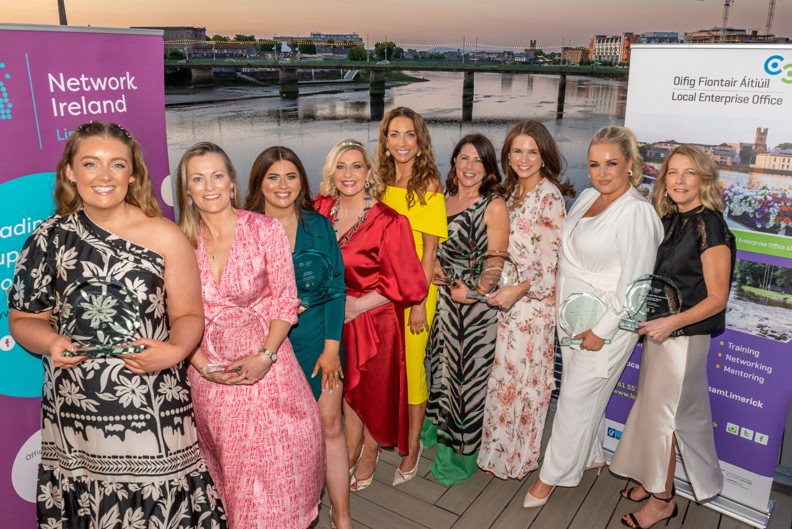 The Network Ireland Limerick 2023 Businesswoman of the Year Awards, sponsored by LEO Limerick and AIB was held at a special gala awards ceremony on Wednesday 31 May at The Clayton Limerick. Pictured are Winner of the Creative Professional, Nell Stritch, Pressed Flowers by Nell, Winner of the Shining Star Employee, Susan Walsh, Metis Ireland, Winner of Rising Star Employee, Danielle Markham, Eisner Amper Ireland, Karen Ronan, 2023 President of Network Ireland Limerick, Fiona Doyle, Vice President of Network Ireland Limerick, Winner of Networker of the Year, Valerie Murphy, Valerie’s Breast Care, Winner of Established Business, Denise Brazil, The Bedford Townhouse, Winner of Emerging New Business, Sinead O’Brien, Vacious Shapewear and Winner of the Solo Businesswoman, Edwina Gore, Gore Communications. Picture: Olena Oleksienko/ilovelimerick